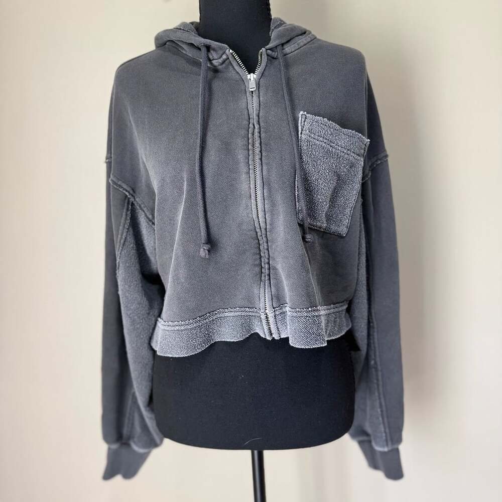 Aerie Washed Black Full Zip Cropped Hoodie With Front Pocket